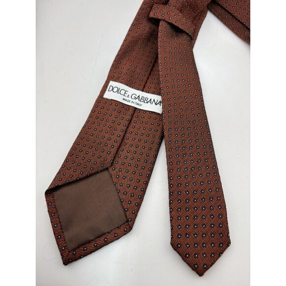 Dolce & Gabbana Made in Italy Men's Silk Neck Tie Orange w/ Navy Stitched Dots - Picture 3 of 6